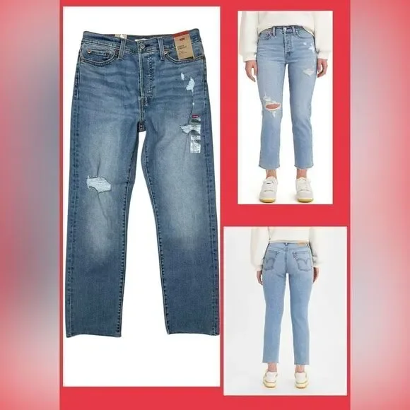 Levi’s Womens High Rise Wedgie Straight Leg Raw Hem Denim Blue Jeans - Picture 1 of 12